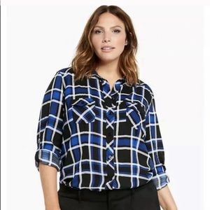 Torrid Blue Plaid Challis Camp Button Down Shirt Roll Tab Sleeve 3 3X 22 / 24